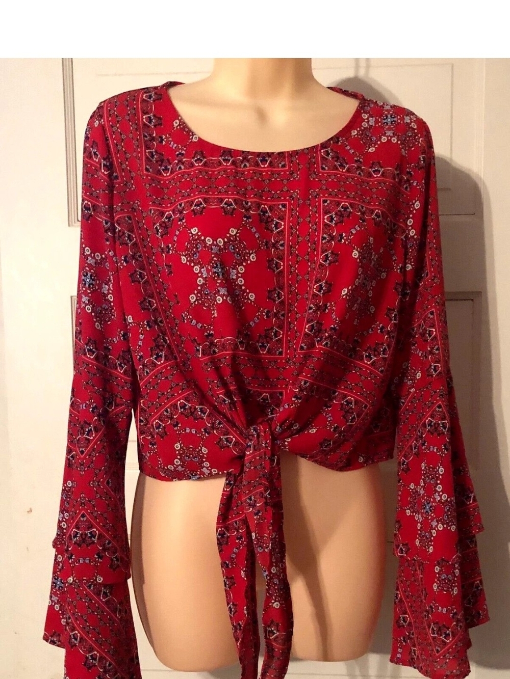 Altard State Tie-Front Red Printed Long-Sleeve Blouse